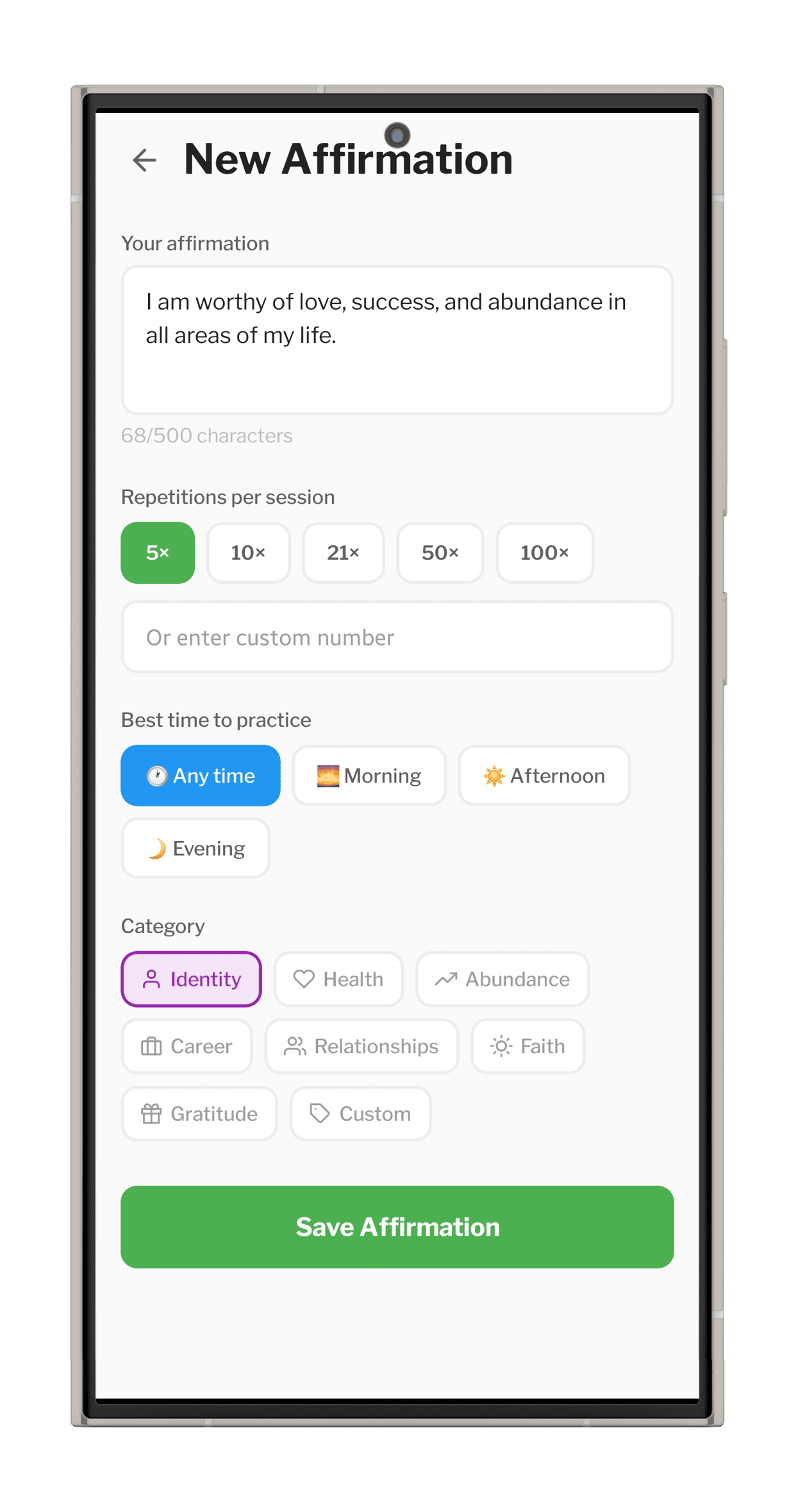 Emergo app — personalized affirmations screen