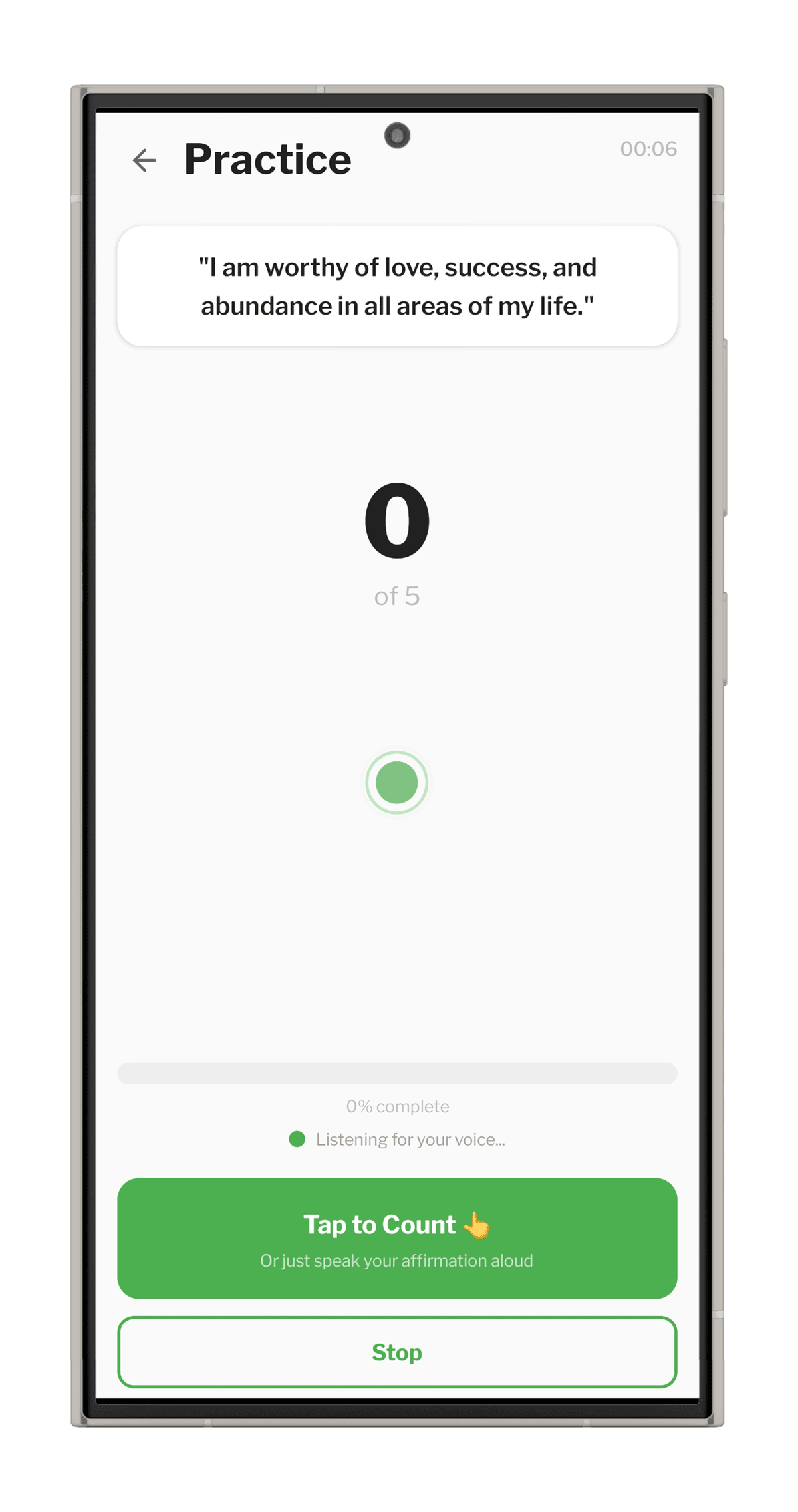 Emergo voice affirmations screen